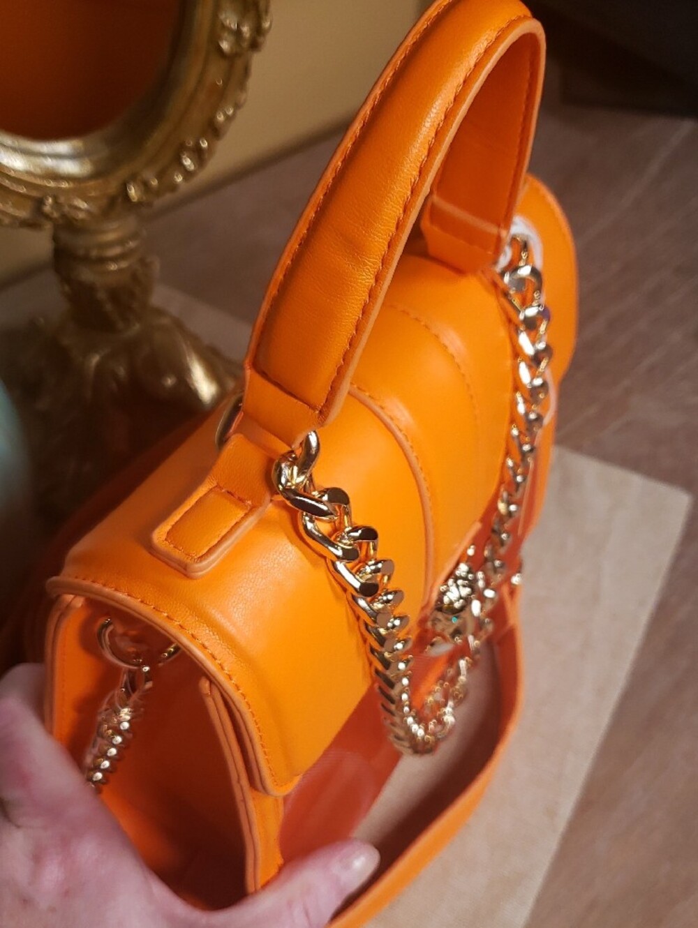 Aldo Orange Mesh Stadium Satchel / Crossbody Bag w/ Tiger & Chain Detail - Picture 10 of 12